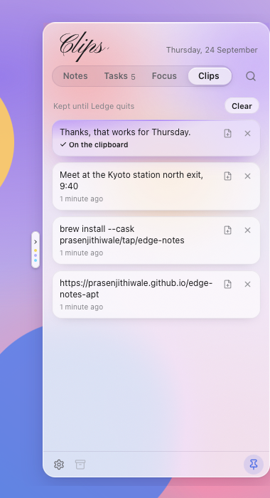 The Clips tab: the last few copied texts as glass tiles, the one on the clipboard lit.