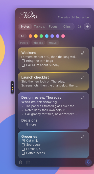 The same notes in dark mode: smoked glass, with each note's colour glowing brighter.