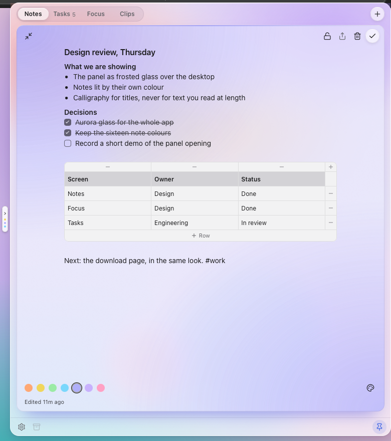 A note expanded to fill a large panel, with headings, a checklist and a table.