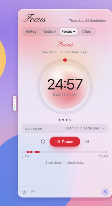The Focus tab mid-session: a glass sphere inside a glowing red ring, the time left, and today's sessions on a timeline.