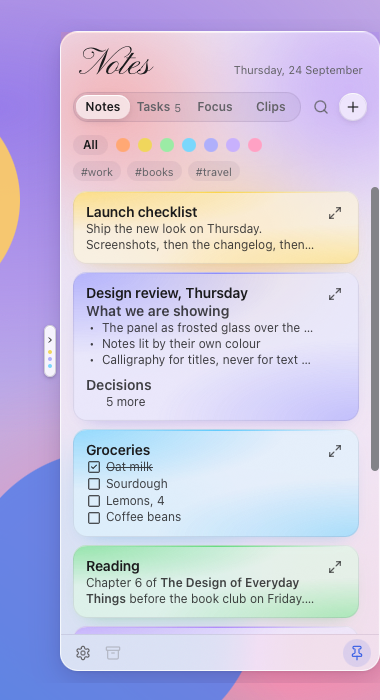 The Notes tab: glass cards, each lit by its own colour, with a checklist, tags and a colour filter.