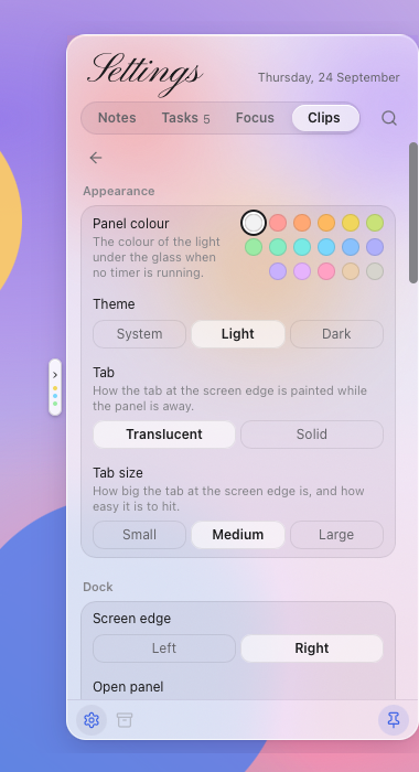 Settings: the panel colour, light or dark, the tab's look and size, and the docked edge.