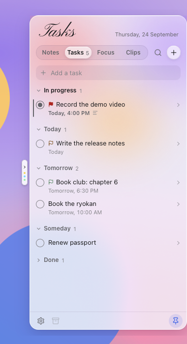 The Tasks tab: In progress, Today, Tomorrow and Someday, with priority flags and due times.